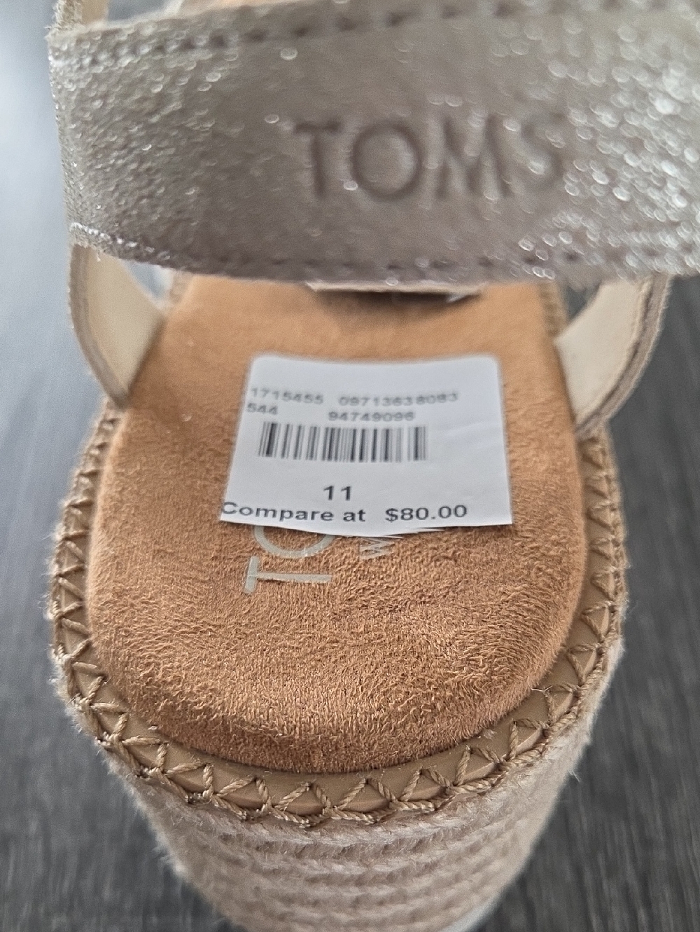TOMS DARYA Silver Metalic Tan Platform Wedge Espadrille Sandals Size 11 - Picture 6 of 16